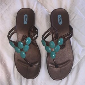 Brown and blue sandals